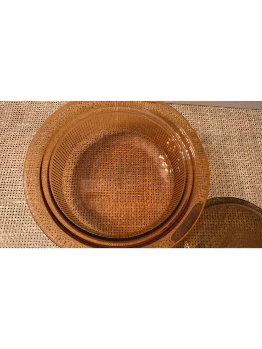VINTAGE CORNING VISIONS AMBER 1 QT RIBBED CASSEROLE DISH V-31-B WITH GLASS LID